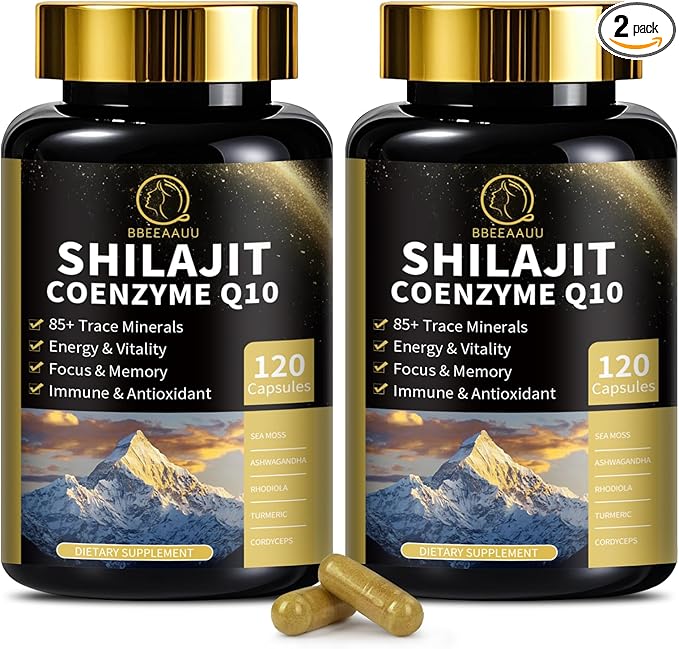 Shilajit Capsules with Sea Moss & Ashwagandha for Men & Women,12 in 1 Hima*layan Shilajit Supplements with Coenzyme Q10, Fulvic Acid & Humic Acid, Lion's Mane, Energy & Immune, 120 Count, 2 Pack