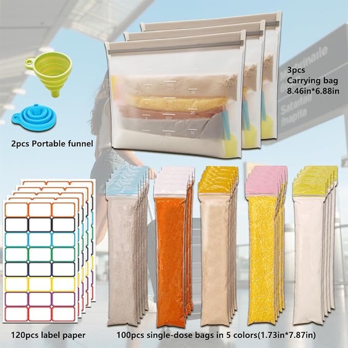 Protein Powder Containers & Supplement Travel Pack: 100 Leakproof Powder Dispensers with Funnel & 3 Portable Pouches for Gym, Outdoor, Travel