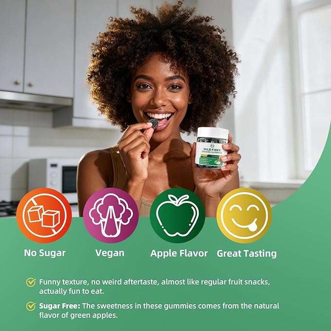 M inch Fiber Gummies for Adults Women Men Sugar Free - Fiber Supplement Support Digestive, Gut & No Bloating* - 7g High Fiber per Serving, Daily & Soluble, 2 Pack, Apple Flavor, Vegan, Non GMO