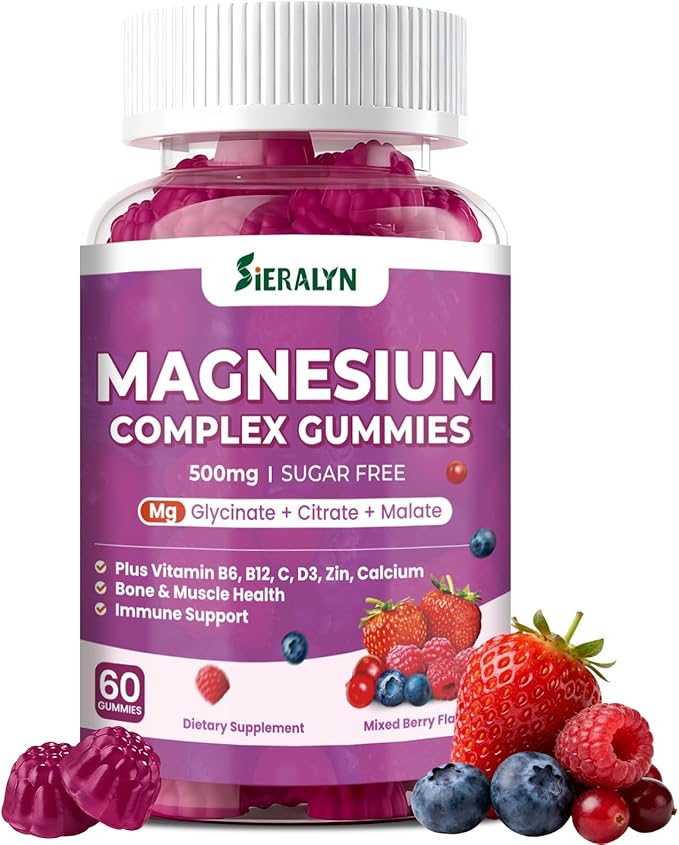Magnesium Complex Gummies 500mg - Magnesium Glycinate, Citrate, Malate with Vitamin D3, C, B6, B12, Zinc & Calcium, Magnesium Supplement Chewable Support Calm, Muscle, Mood - Vegan 60 Counts