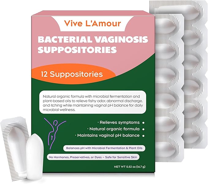 Vive L'Amour Vaginal Suppositories | Relieves Bacterial Vaginosis (BV) Symptoms: Fishy Odor, Itching, Abnormal Discharge | Natural Plant-Based Formula | 12 Inserts