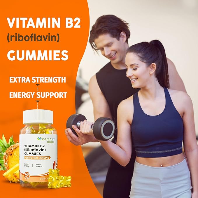 ZA'ZA K ORGANICS Vitamin B2 Gummies - Riboflavin 400 mg for Kids & Adults, Vegan Essential Vitamin B2 Supplements, Energy Support & Nerve Health, 60 Gummies
