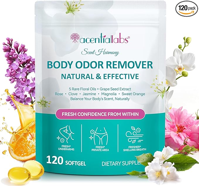 Body Deodorizing Supplement, Odor Capsules for Women and Men, Supports Menopause Body Odor Control, Fresh Breath, Supports Immunity and Digestion, Non-GMO Softgels 120 Count.