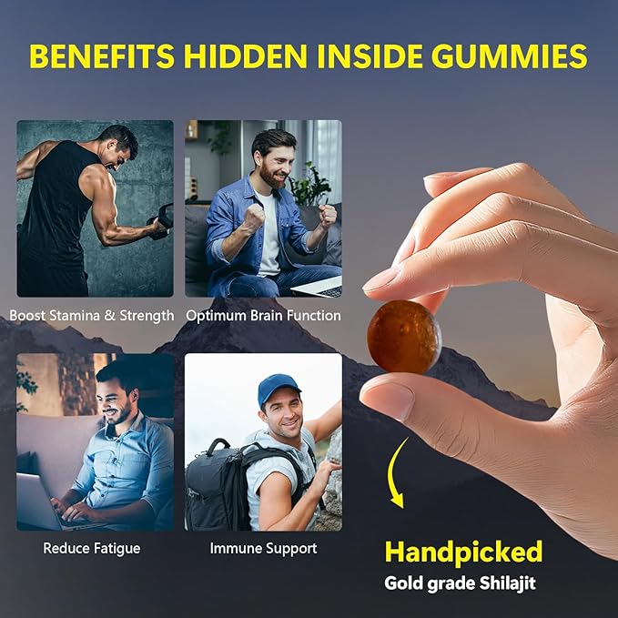 Shilajit Gummies, Himalayan Pure Shilajit Gummies Gold Grade, No Added Sugar, 85+ Trace Minerals, Ashwagandha, Gokshura, Energy and Immune Support, Gold