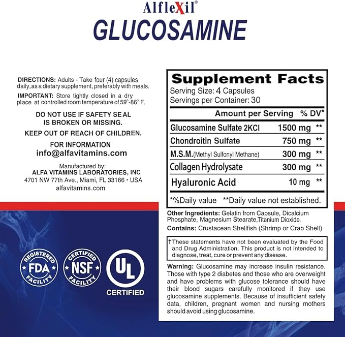 ALFA VITAMINS ALFLEXIL Glucosamine, Chondroitin & Collagen Supplement, Gluten Free, Supports Joints, Bones & Knees, Includes MSM & Hyaluronic Acid for Mobility & Joint Health, 120 Capsules