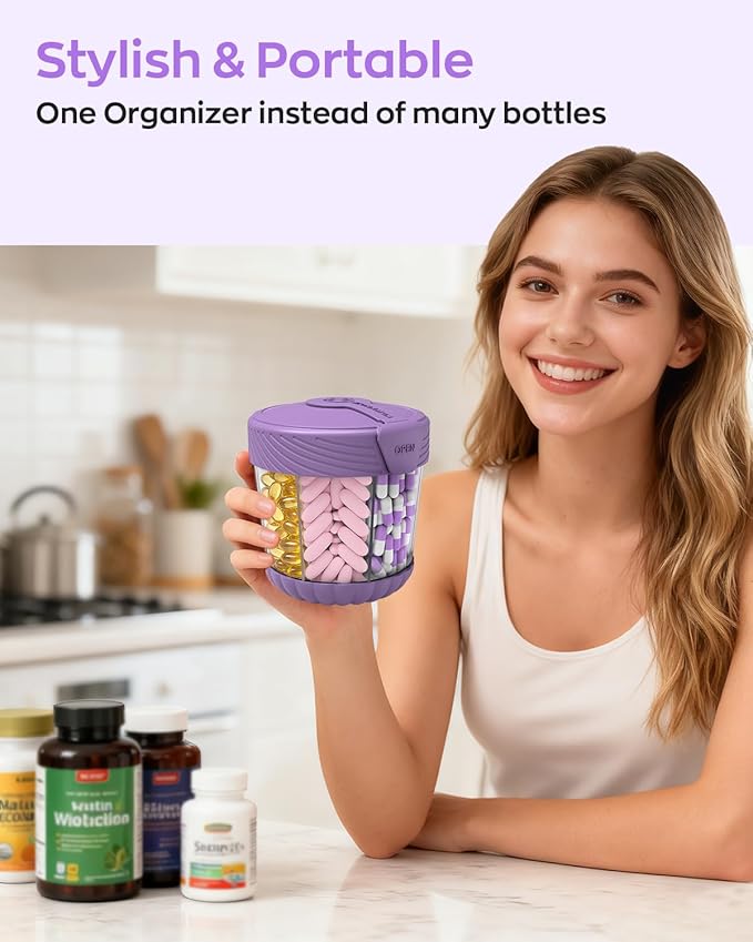 HIONXMGA Cute Pill Dispenser with 7 Large Compartments, Portable Pill Bottle Organizer with Wide Opening for Travel, Anti-Mixing Pill Container, Shatterproof BPA-Free, Includes 20 Pcs Labels, Purple