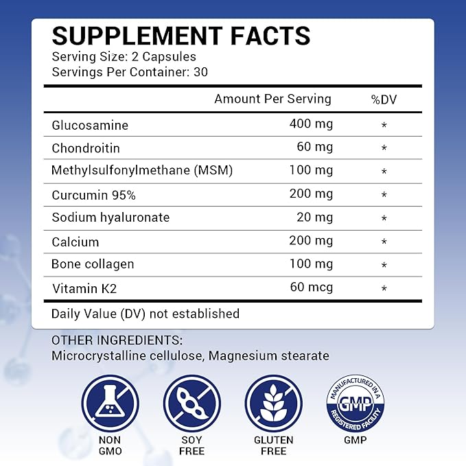 Glucosamine Chondroitin Supplement Advanced Joint & Cartilage Formula, Supports Healthy Joints, Mobility & Cartilage, with MSM, Curcumin 95%, Sodium Hyaluronate, Calcium, Bone, Collagen, Vitamin K2
