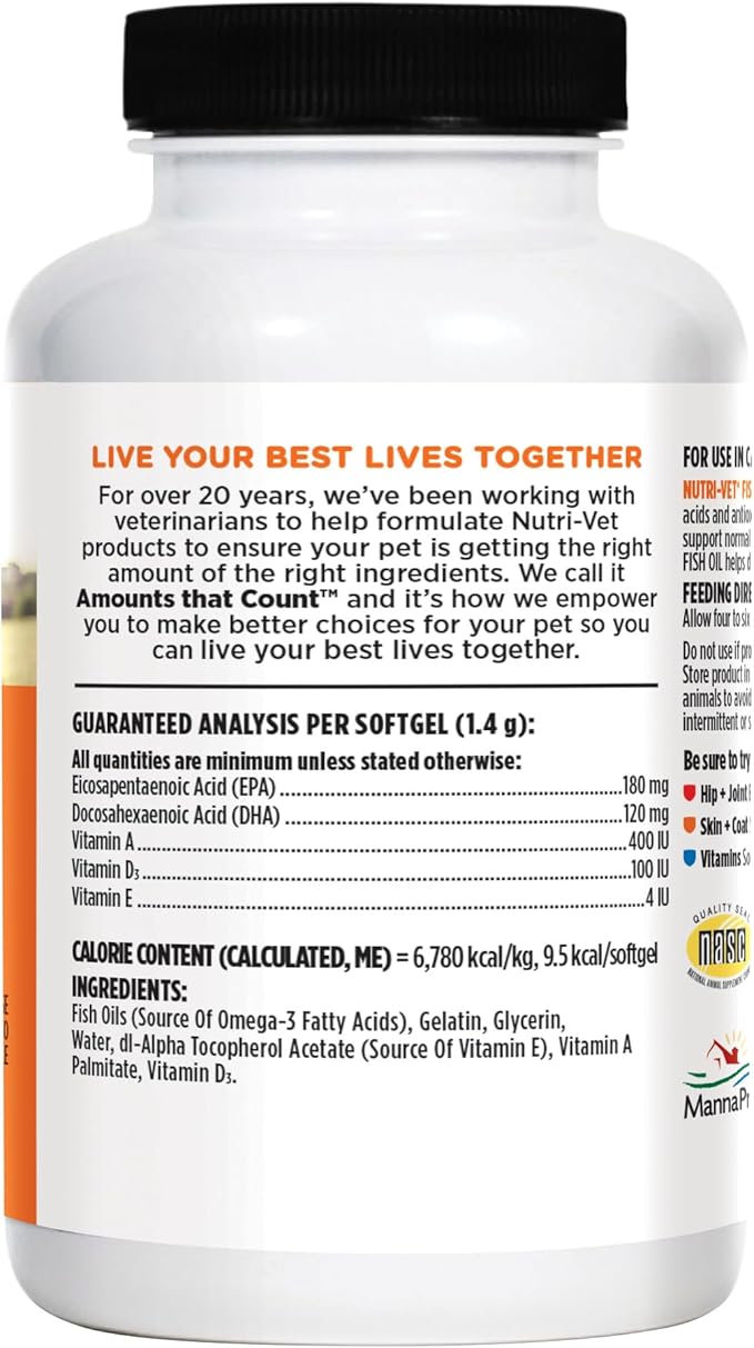 Nutri-Vet Fish Oil Supplement for Dogs, Omega 3, Fish Oil for Dogs, Pet Supplies, Pet Vitamins and Supplements, EPA DHA Formula, Puppy Vitamins, Shed Control, New Puppy Essentials, 100 Count