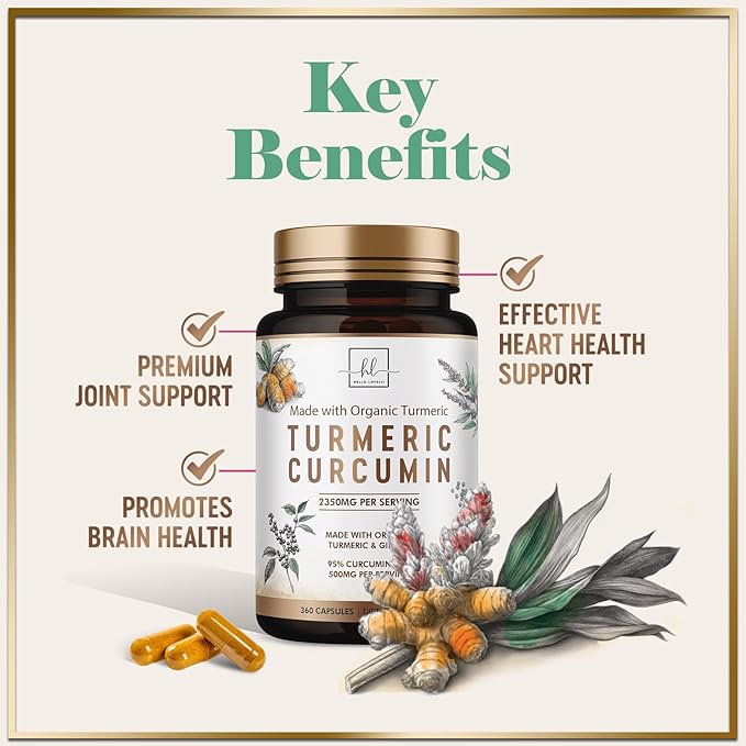 Turmeric Curcumin Supplement with 95% Curcuminoids, Organic Turmeric & Ginger 1750mg, BioPerine Black Pepper for Best Absorption, Nature's Vegan Joint Support, Non-GMO, Bottled in USA - 360 Capsules