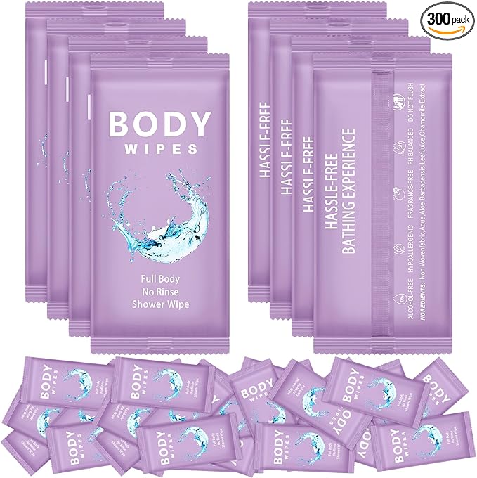 Treela 300 Pcs Large Body Wipes Bulk Deodorant Travel Size for Homeless Care Package Supplies Individually Wrapped Adults Bathing No Rinse Wet Wipes Men Women Hygiene Items(7.09" X 9.84",Purple)
