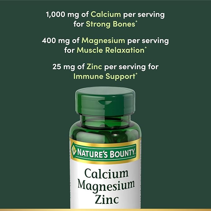 Nature's Bounty Calcium Magnesium & Zinc Caplets,Immune & Bone Health,Daily Supplement,1000mg Calcium,400mg Magnesium,600 IU Vitamin D,Gluten Free,100 Caplets,(Pack of 3)