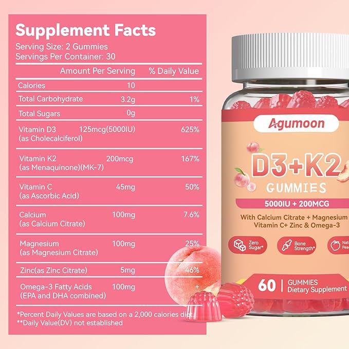 Vitamin D3 K2 Gummies for Adults - Vitamin D3 5000IU + K2 (MK-7) 200mcg, with Calcium Citrate, Magnesium Citrate, Omega-3 for Bone, Muscle, Teeth Immune - 60 Gummies