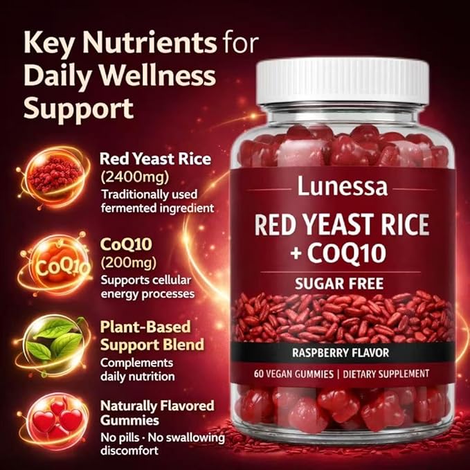 Lunessa Red Yeast Rice, with Red Yeast Rice 2400mg, CoQ10 200mg, Restores Body Vitality & Maintains Healthy Cholesterol Levels for Men & Women, Non-GMO, Vegan, Raspberry Flavor, 60 Gummies (1)