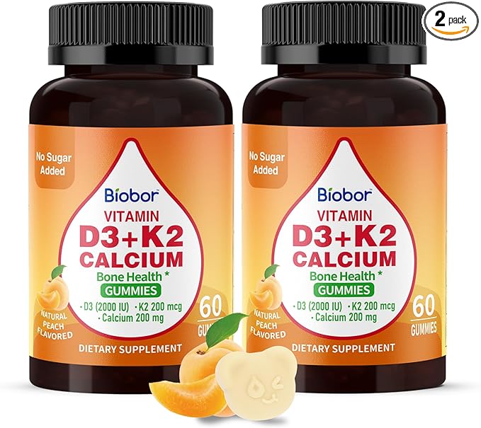 Vitamin D3 K2 Gummies with Calcium, 2000 IU D3 & 200 mcg K2 & 200 mg Calcium, Sugar Free Vitamins Supplement Supports Healthy Bone, 120 Count