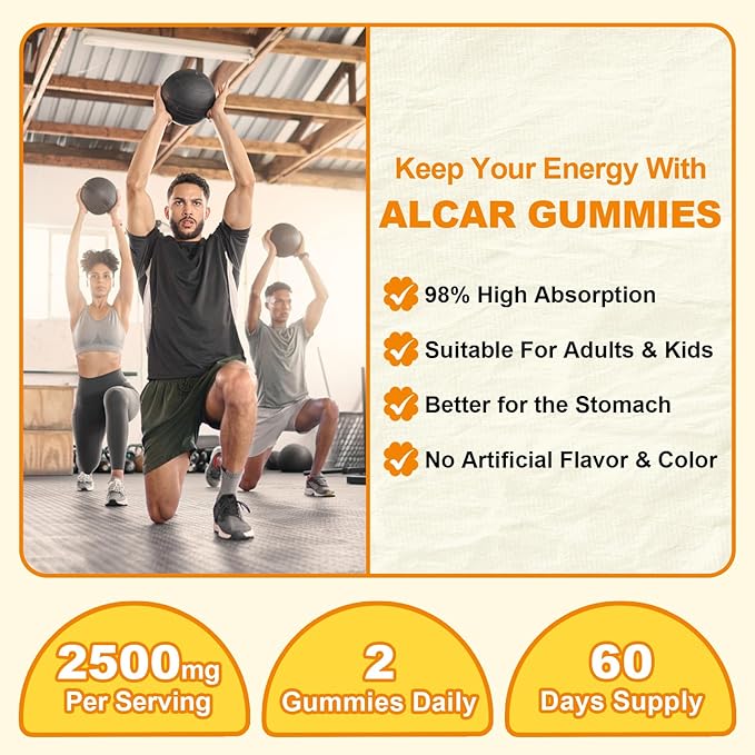 2 Pack Acetyl L-Carnitine Gummies Sugar Free, Premium L-Carnitine Supplement for Women & Men, ALCAR Supplement for Energy, Muscle, Focus & Brain Support, Gluten-Free, Non-GMO, Vegan, 120 Count