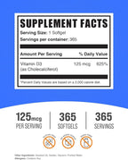 BulkSupplements.com Vitamin D3 5000IU Softgels - Cholecalciferol, D3 Supplement, Vitamin D 5000 IU - 1 Vitamin D3 Softgel (125mcg of Vitamin D) per Serving, 365 Count (Pack of 1)