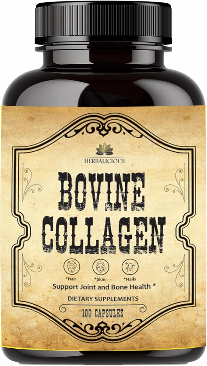 HERBALICIOUS Bovine Collagen Supplements for Men and Women | Hydrolyzed Grass-Fed Bovine Collagen Peptides | Joint, Nerve & Bone Support | Non-GMO, Anti-Aging | 100 Capsules