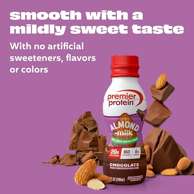 Premier Protein Non-Dairy Plant Based Almondmilk Protein Shake, Chocolate, 20g Protein, 5g Sugar, 11.5 Fl oz, 12 Count