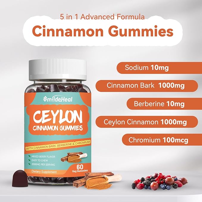 2 Pack Sugar Free Ceylon Cinnamon Gummies 2000MG, Cinnamon Supplement with Chromium and Cinnamon Bark, Vegan, Non-GMO, Gluten Free,120 Gummies
