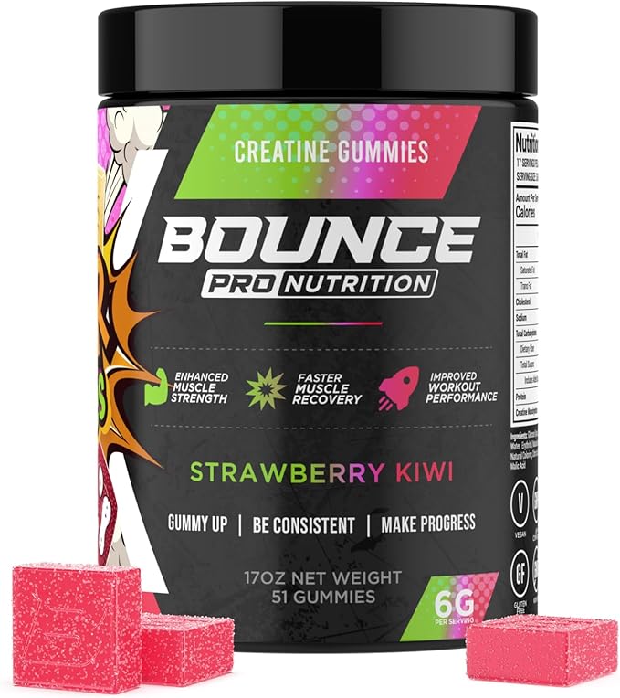 Bounce Pro Creatine Monohydrate Gummies for Men & Women, Low Calorie, 6G of Creatine per Serving, Vegan, Anti-Melting, Gluten-Free, Non-GMO (51 Count (Pack of 1), Strawberry Kiwi)