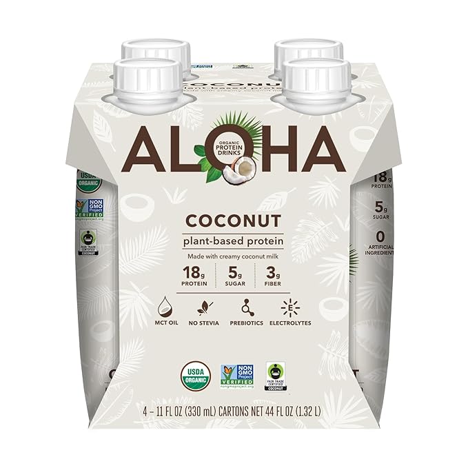ALOHA Organic Plant-Based Protein Drink – Coconut Flavor | 18g Protein, 5g Sugar, 3g Fiber | Made with Creamy Coconut Milk, Fair Trade Certified, No Stevia | Vegan, Non-GMO, Gluten-Free, 11 fl oz (12 Pack)
