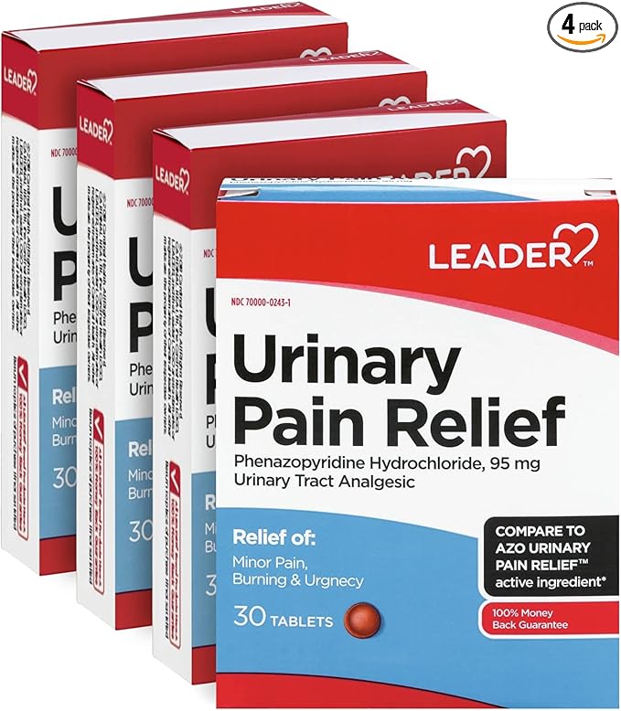 LEADER Urinary Maximum Strength, Fast Action for Burning & Urgency, Phenazopyridine Hydrochloride 95 mg, 30 Tablets, 4-Pack