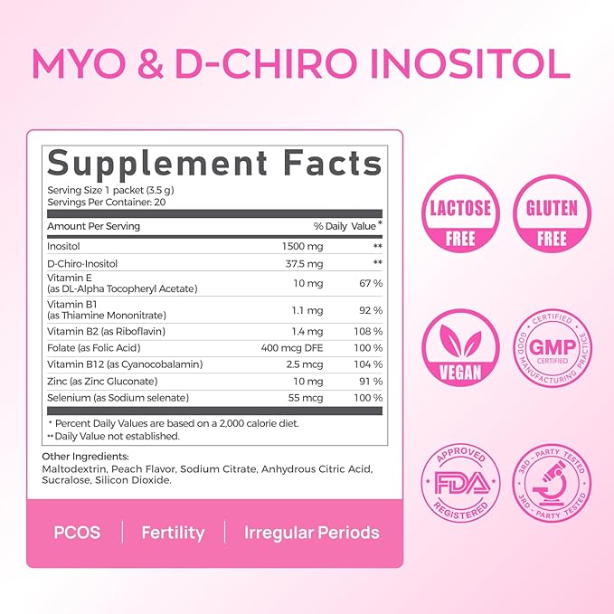 Gynable Pregina Myo-Inositol & D-Chiro Inositol Powder for Women - PCOS Fertility Support, Hormonal Balance, Regular Cycles | Patented Active Folic Acid, Vegan, Gluten-Free (30 Servings, Peach)