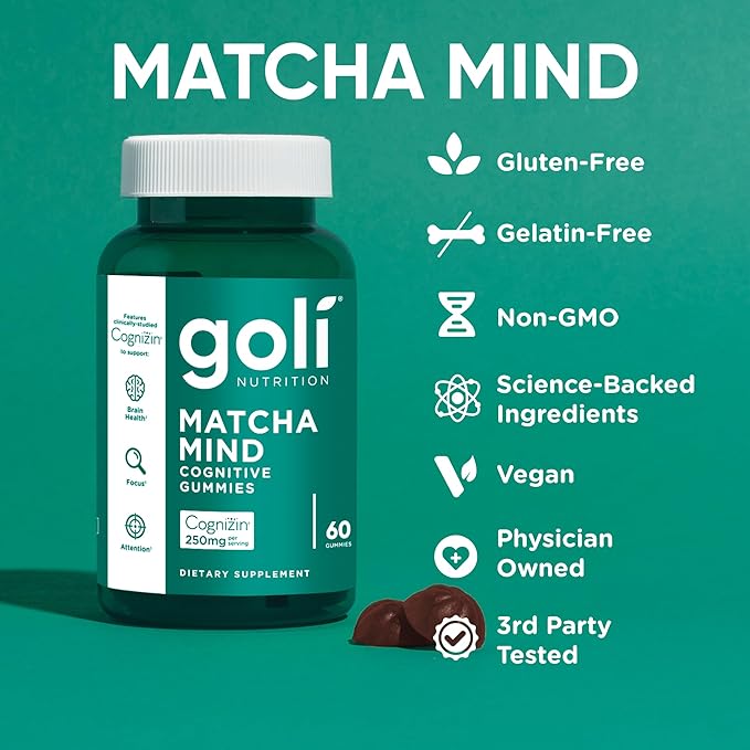 Goli Matcha Mind Gummies - 60 Count - Green Tea Leaves Powder with Cognizin for Focus, Attention and Brain Health, Vegan, Non-GMO, Gluten-Free & Gelatin Free.