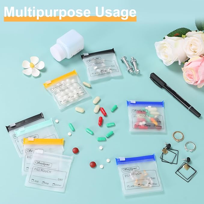 Serfeymi 32 Pcs Pill Pouch Bags for Travel Reusable Plastic Bags 3 x 3 Inches 12 mil (Double Sided) Translucent Zippered Pill Pouches for Medicine with Slide Lock & Writable Label，1 Pc Marker - Green