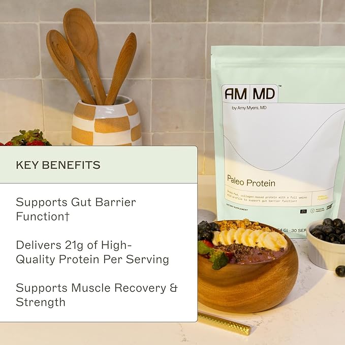 Amy Myers MD Paleo Protein Powder - with Collagen Peptides for Gut Health - Supports Hair, Skin & Nails - Non-GMO, Gluten-Free, Non-Dairy & More - Vanilla Bean - 19.54 oz (20 Servings)