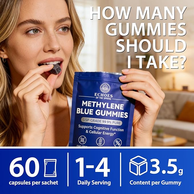 Methylene Blue Gummies 60 Count, 5mg Per Gummy, 99.9% Pure Methylene Blue Supplement, Supports Cognitive Function, Mental Focus & Cellular Energy, Antioxidant Support, Vegan Non-GMO Daily Supplement