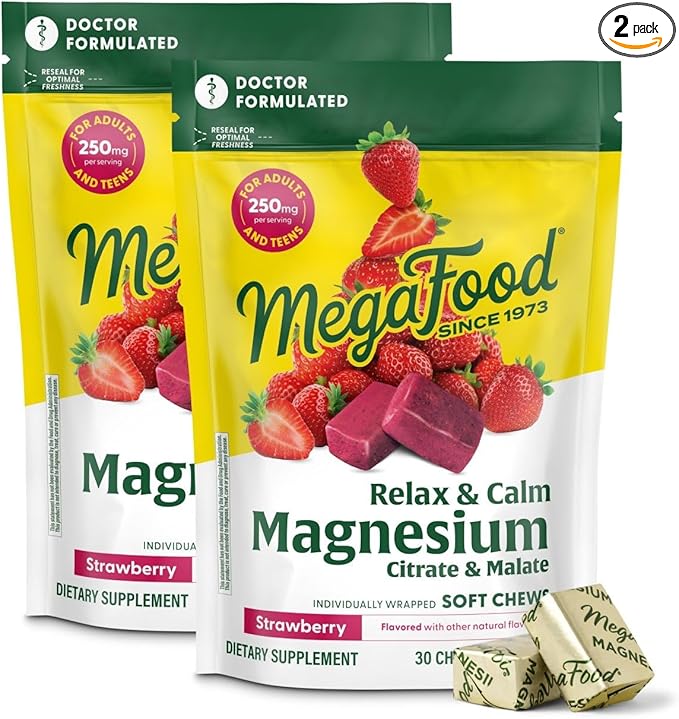 MegaFood Relax + Calm Magnesium Complex with Magnesium Citrate & Malate for Heart Health, Muscle Tension & More – Doctor Formulated - Vegetarian – Strawberry Flavor - 30 Soft Chews (2 Pack)