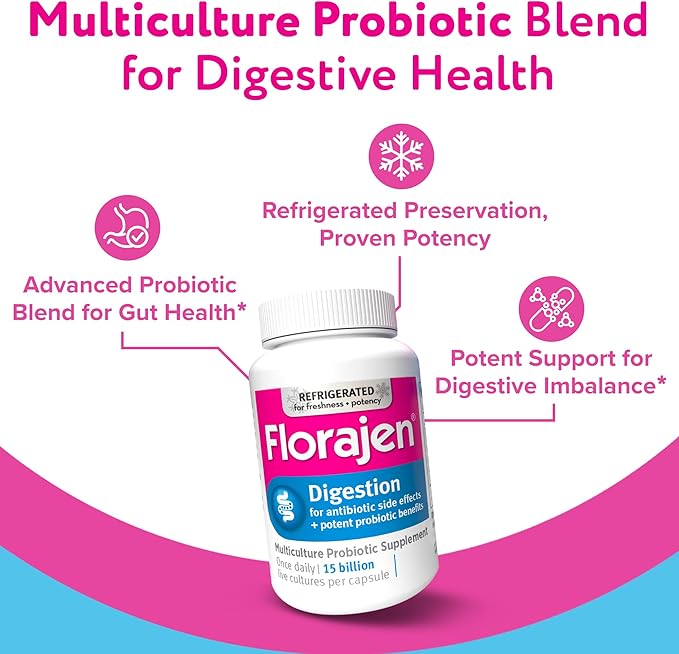 Florajen Digestion Probiotics, Gut Health Supplement with Constipation and Bloating Relief for Adults, 30 Count (Refrigerated)