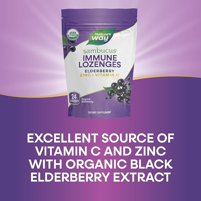 Nature’s Way Sambucus Immune Lozenges – Immune Lozenges for On-the-Go Use*– Zinc, Vitamin C & Black Elderberry Extract – Vegan & Gluten-Free - Original Elderberry Flavor - 24 Count (24 Servings, 1 pk)