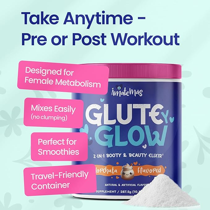 Glute Y Glow by Amatemas – Women's Creatine + Biotin Supplement for Muscle Growth, Glute Support, Hair Skin & Nails – Horchata Flavor – Energy Support – Lean Muscle – Daily Performance Blend