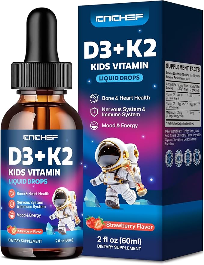 Vitamin D3 K2 Drops for Kids - Liquid Supplement with Magnesium for Calcium Absorption, Joint Health, Teeth & Heart - Non-GMO, Vegan, Strawberry, 2 Fl Oz - Kids Ages 4+