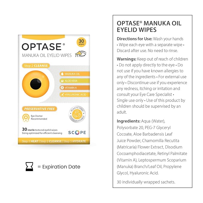 OPTASE Manuka Oil Eyelid Wipes, 30 Count – Eyelid Cleansing Wipes with Natural Manuka Oil – Preservative-Free Formula for Daily Hygiene and Eye Lid Comfort - Doctor Recommended Eye Lid Cleaning
