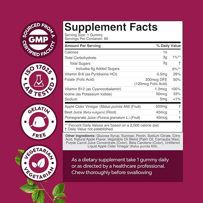 Apple Cider Vinegar Gummies with Mother - Cleanse & Detox ACV Gummies for Weight Loss, Gut Health, Bloating, Metabolism & Energy Support - ACV with Mother with B12 Vitamin, B6 & Pomegranate - 60 Ct