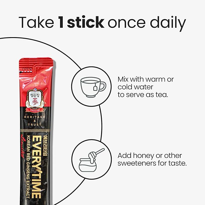 JungKwanJang Everytime Korean Red Ginseng Extract Limited Stick - Earth-Grade Red Panax Ginseng Root Energy Drink - Vegan & No Caffeine Liquid Supplements (10 Sticks, 0.34 fl oz)