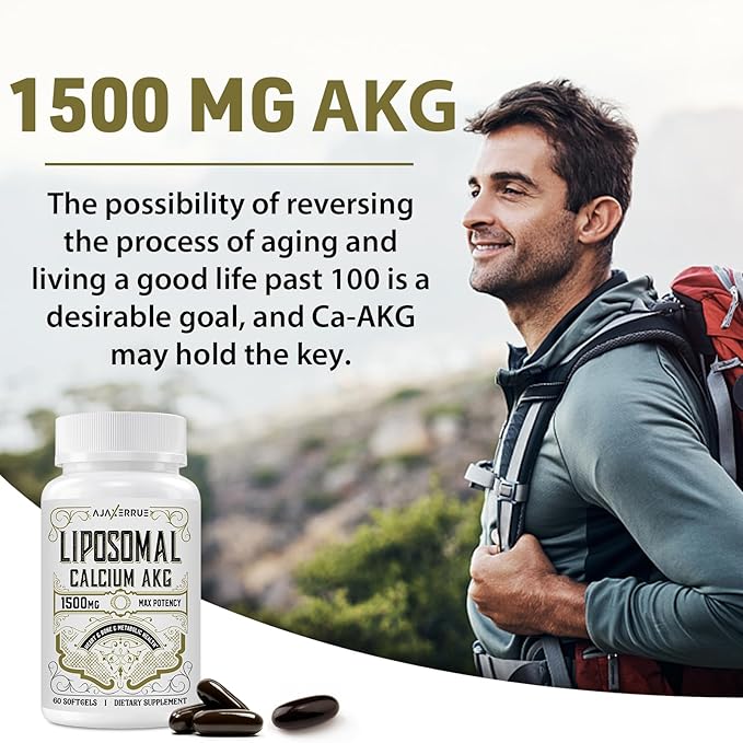 Liposomal Calcium AKG Supplement 1500 MG (Alpha-Ketoglutaric Acid), More Effective Than AAKG, Ca AKG for Longevity, Age Defense, Cellular Energy, Metabolic Function, 60 Softgels