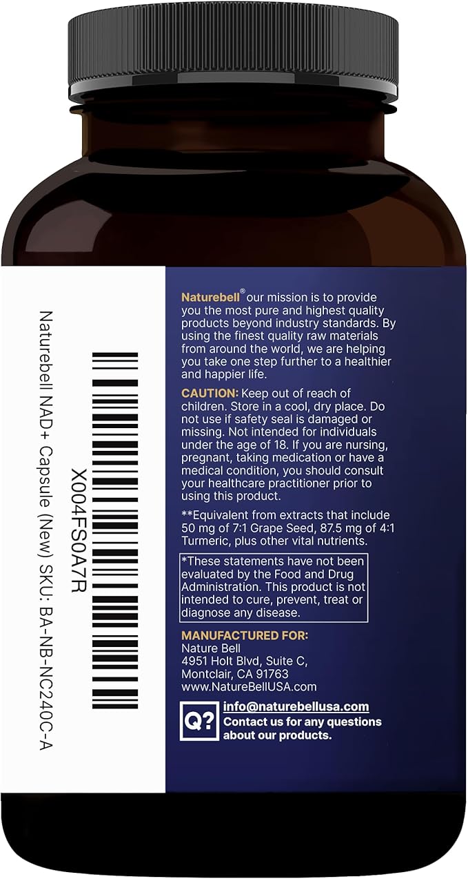 NatureBell NAD+ Complex 1,500mg Per Serving, 240 Veggie Capsules | NMN Supplement Alternative | NAD Plus Resveratrol, Hyaluronic Acid, Quercetin, Fisetin, Collagen, & More – Non-GMO