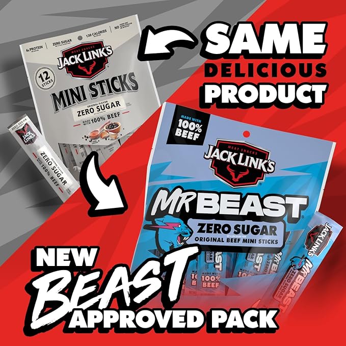 Jack Link’s x MrBeast Beef Sticks, Zero Sugar Mini Sticks, As Seen on Beast Games, 6g Protein, Made with 100% Real Beef, Pantry-Ready Snacks, (Pack of 24)