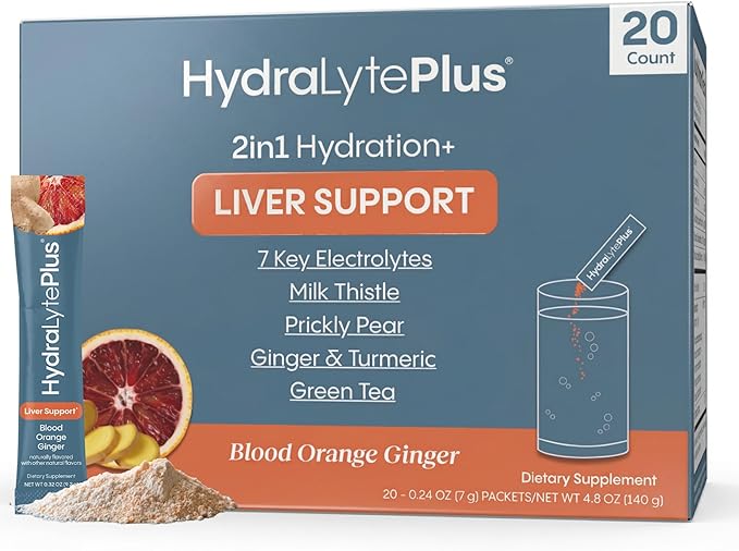Hydralyte Liver Support + Electrolyte Mix with Milk Thistle, Turmeric, Ginger, Prickly Pear, Green Tea Extract Formulated for Rapid Rehydration (Blood Orange Ginger, 20 Packets)