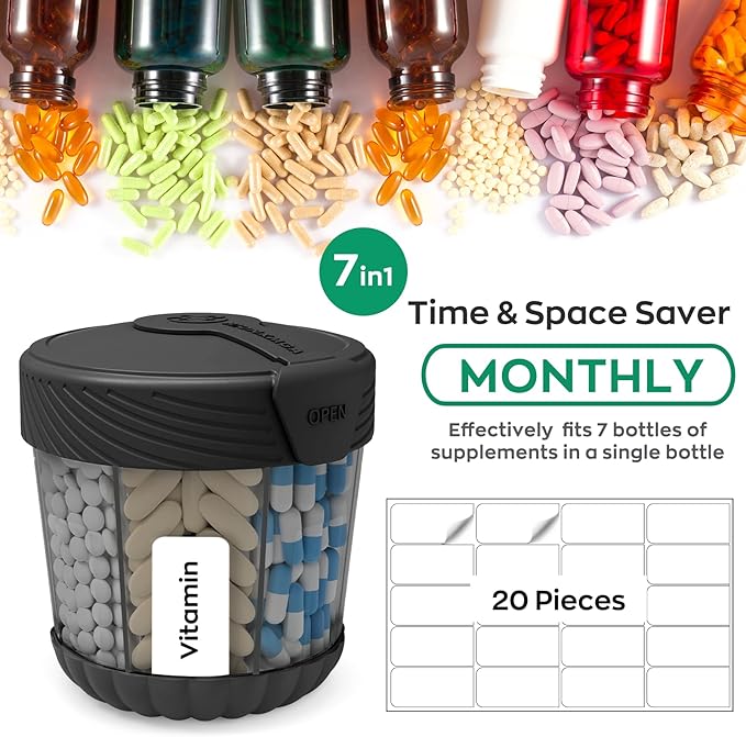 HIONXMGA Pill Dispenser with 7 Large Compartments,Portable Pill Bottle Organizer for Travel,Anti-Mixing Supplement Organizer Easy Twist Wide-Opening Pill Container with 20Pcs Labels,Translucent Black