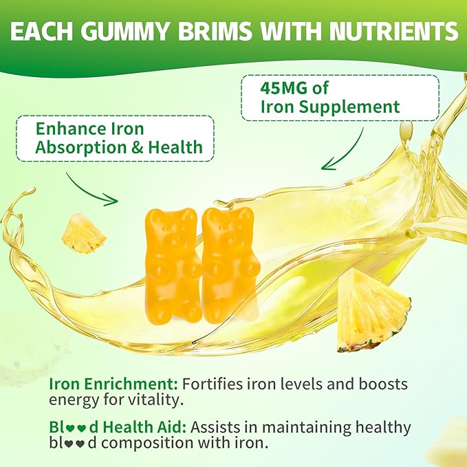 Pack of 2 Iron Gummies for Women & Men, Iron Supplement Plus Calcium, Zinc, Folate & Vitamin B12, C, B6 - Energy Support, Immune Health, Pineapple Flavor, 120 Count