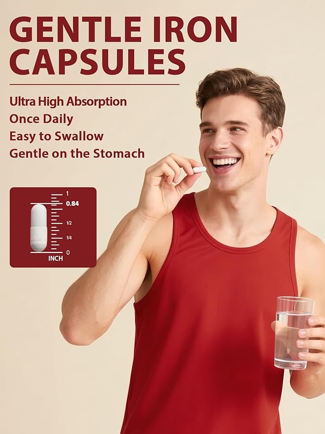 Iron Supplement for Women & Men, 65mg Ferrous Bisglycinate Chelate, Slow Release Iron with Vitamins A C E B6, B12, Folate, Organic Spinach & Beet Root Powder, for Blood Flow & Energy Support, 60 Caps