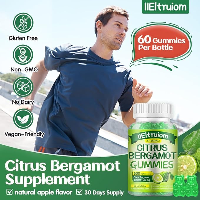 Citrus Bergamot 1500mg, Citrus Bergamot Gummies for Healthy Cholesterol, Bergamot Supplements 25:1 Extract from Italy Bergamot, Resveratrol & Niacin - Gluten Free, 120 Count