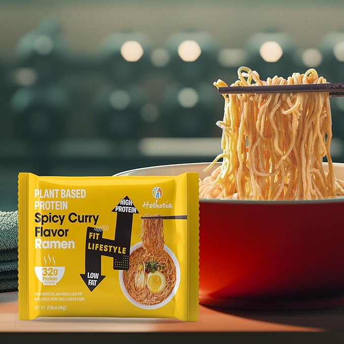 Hethstia Protein Ramen Spicy Curry Flavor, 6-Pack Instant Noodle Soup, 32g Plant-Based Protein, Vegan, Low Fat, Non-GMO, Healthy High Protein Ramen Meal