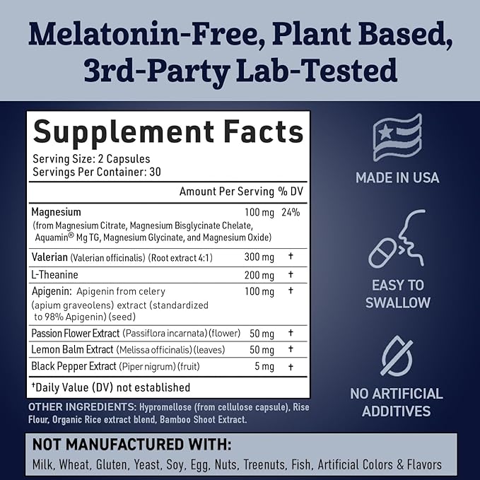Apigenin Supplement for Sleep. Best Natural Sleep Aid Without Melatonin for Adults. With L-Theanine & Magnesium. Plant-Based Nighttime Support. Apigenina Suplemento.