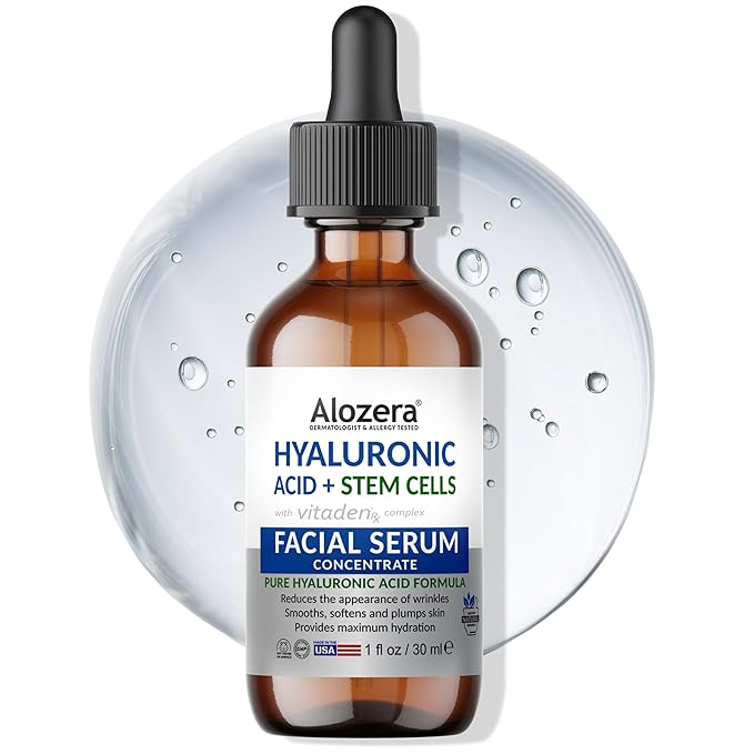 Alozera Hyaluronic Acid Serum for Face with Stem Cells, Deep Hydrating & Plumping Facial Serum for Dry Skin, Helps Improve Smoothness & Elasticity, Anti-Aging Moisturizing Serum for Day & Night